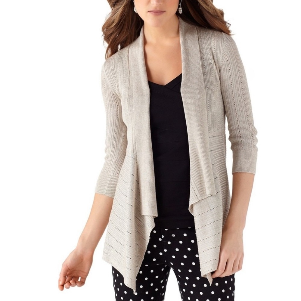 🆕 WHBM Relaxed Fit Open Front Waterfall Elbow Sleeve Lightweight Tan Cardigan